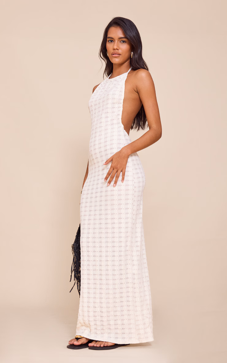 Cream Textured Halterneck Tie Low Back Sleeveless Maxi Dress