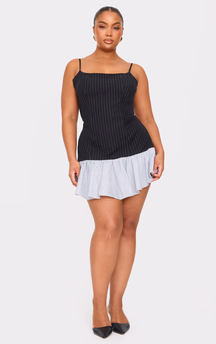 Plus Black Contrast Pinstripe Frill Hem Shift Dress