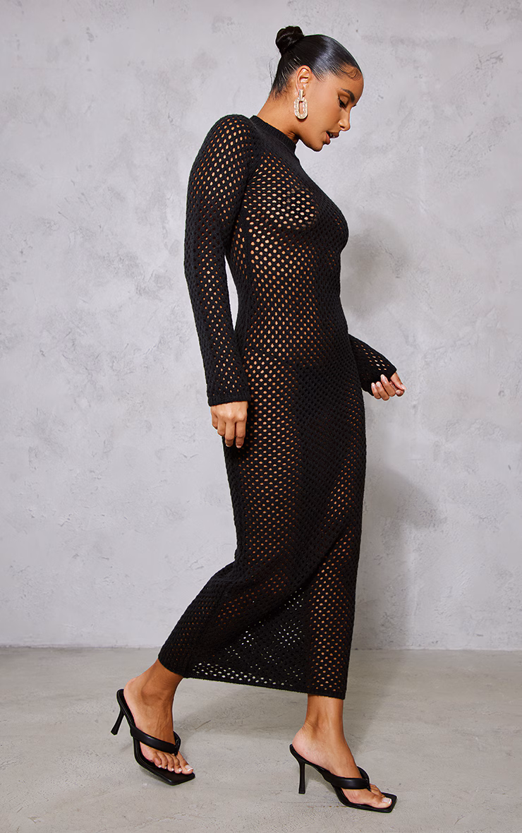 Black Open Knit Long Sleeve Midaxi Dress