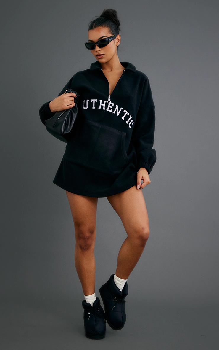 Black Authentic Graphic Half Zip Fleece Sweater Dress