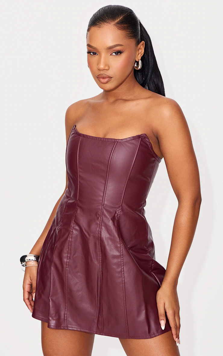 Red Faux Leather Bandeau Corset Shift Dress