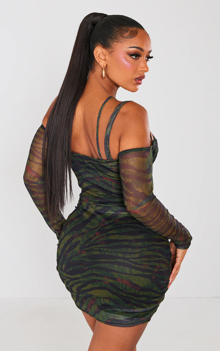 Shape Green Tiger Print Mesh Ring Halterneck Ruched Bodycon Dress