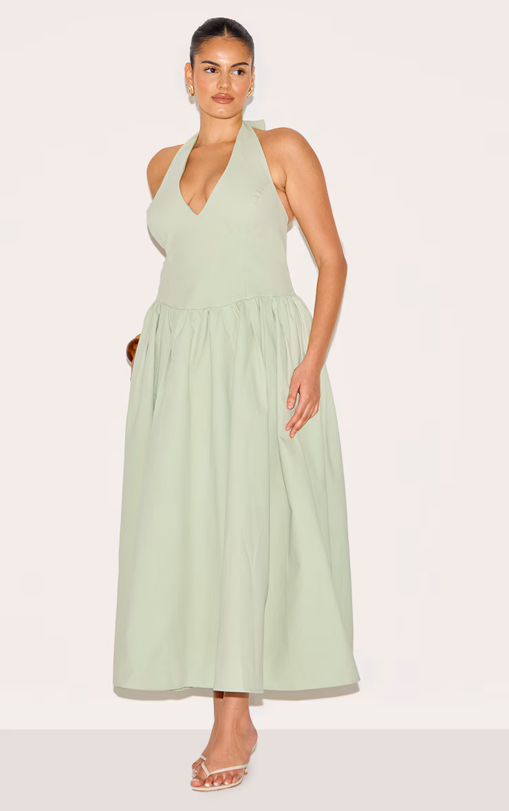 Plus Sage Green Halterneck Tie Detail Midaxi Dress