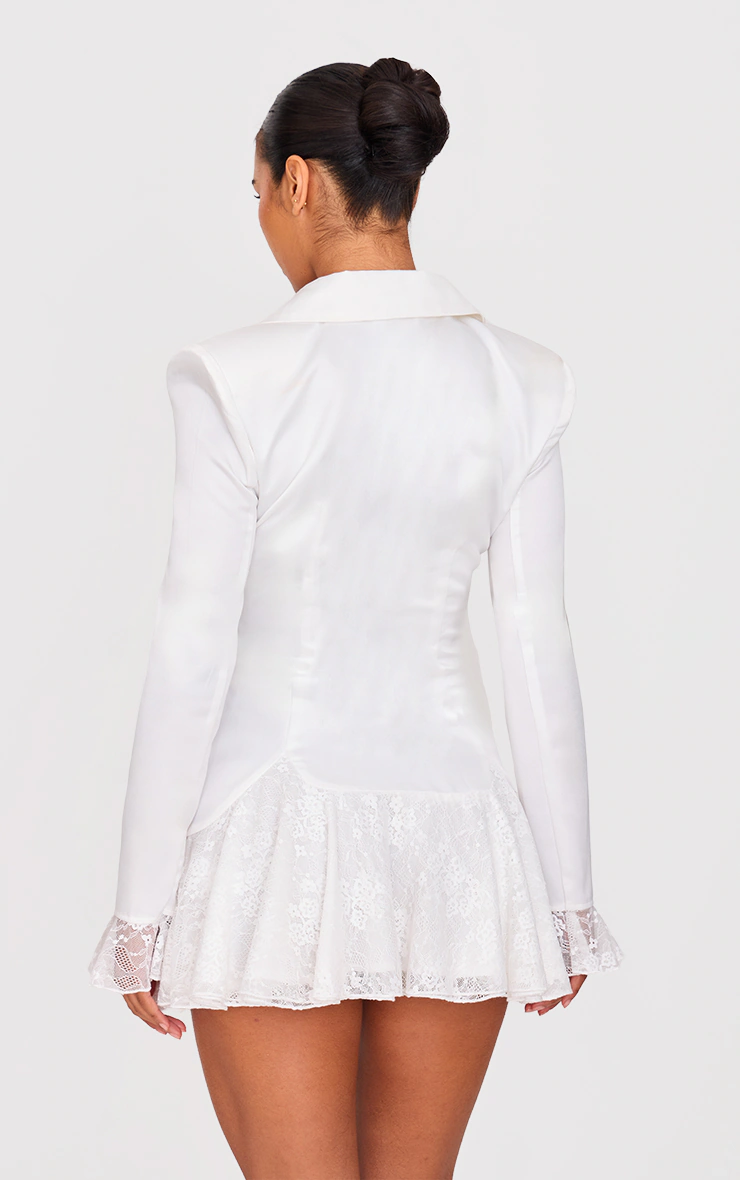 White Satin Lace Trim Bow Blazer Dress