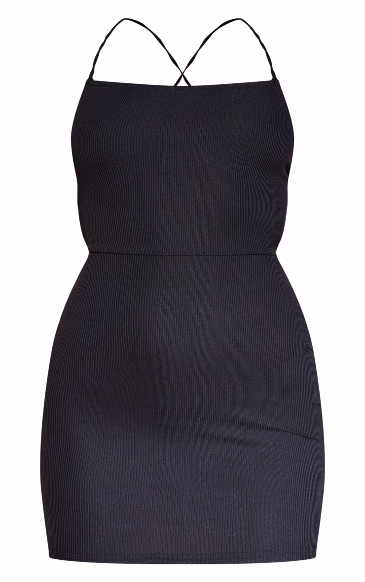 Black Ribbed Lace Up Back Bodycon Dress