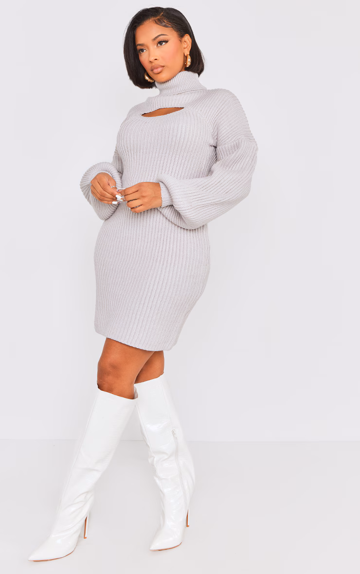 Shape Light Grey 2 In 1 High Neck Balloon Sleeve Bodycon Sweater Dress