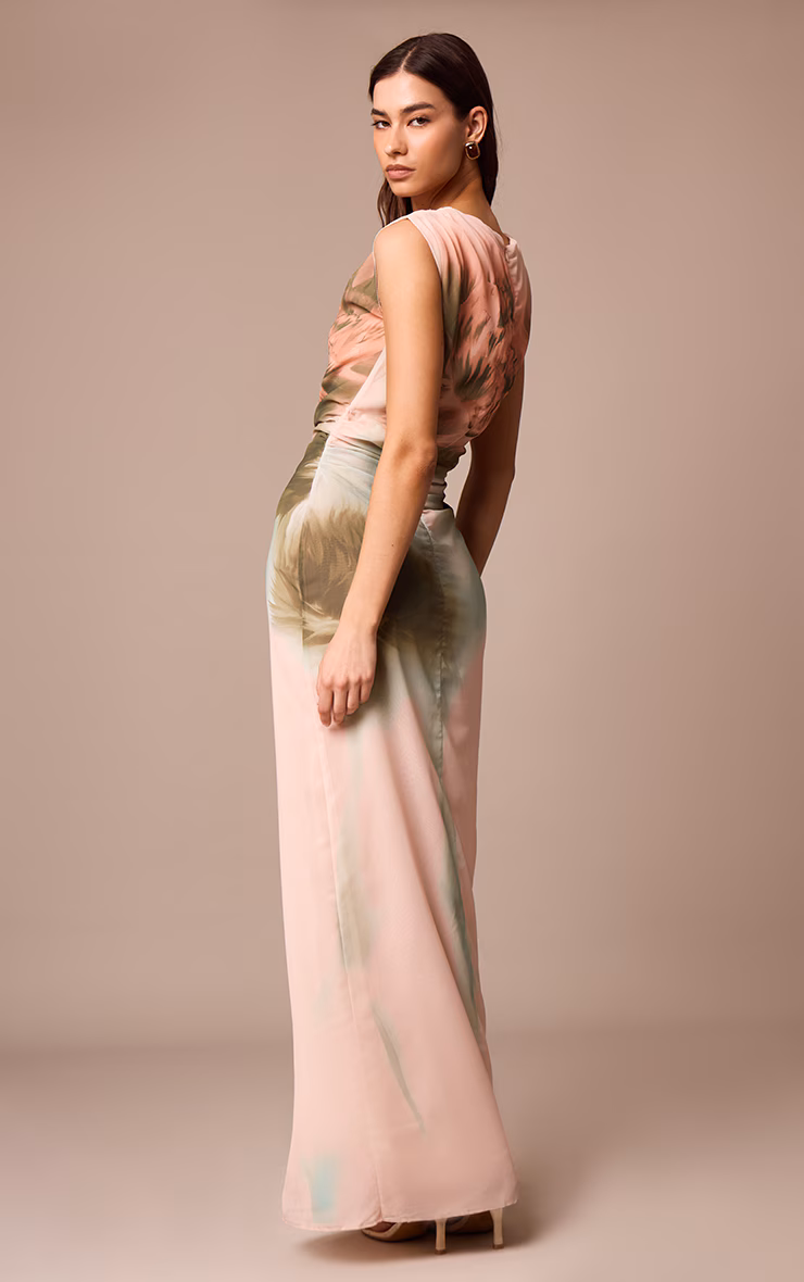 Dusty Pink Printed Floral Chiffon Ruched Maxi Dress