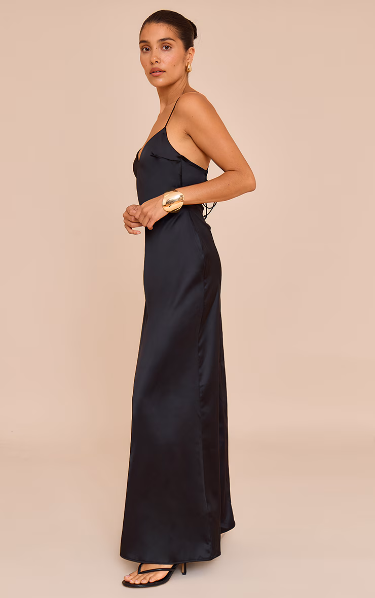 Petite Black Satin Strappy Open Back Maxi Dress