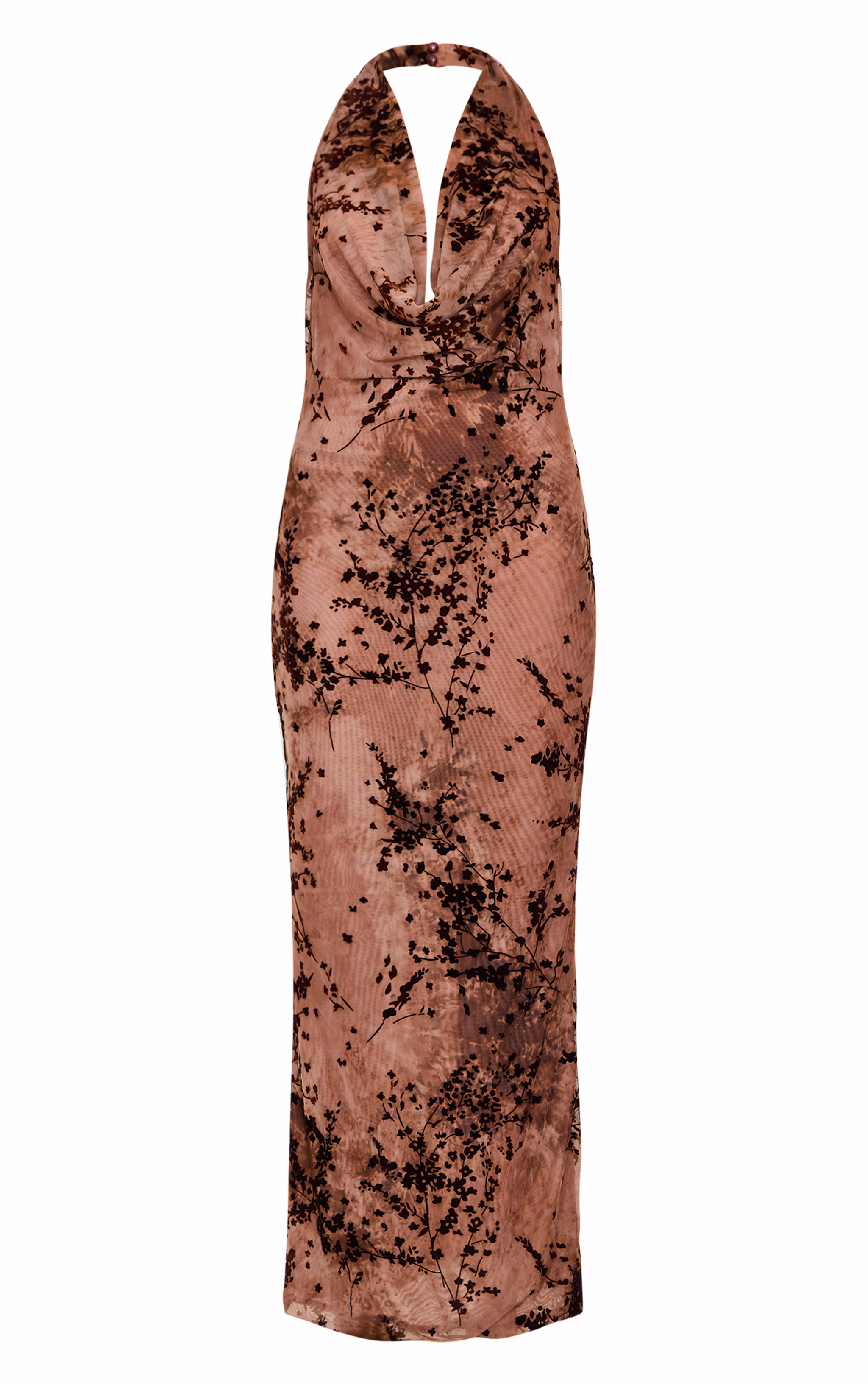 Brown Devore Cowl Neck Maxi Dress