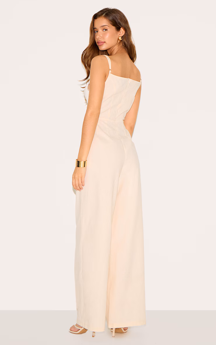 Natural Linen Blend Straight Neck Bead Detail Jumpsuit