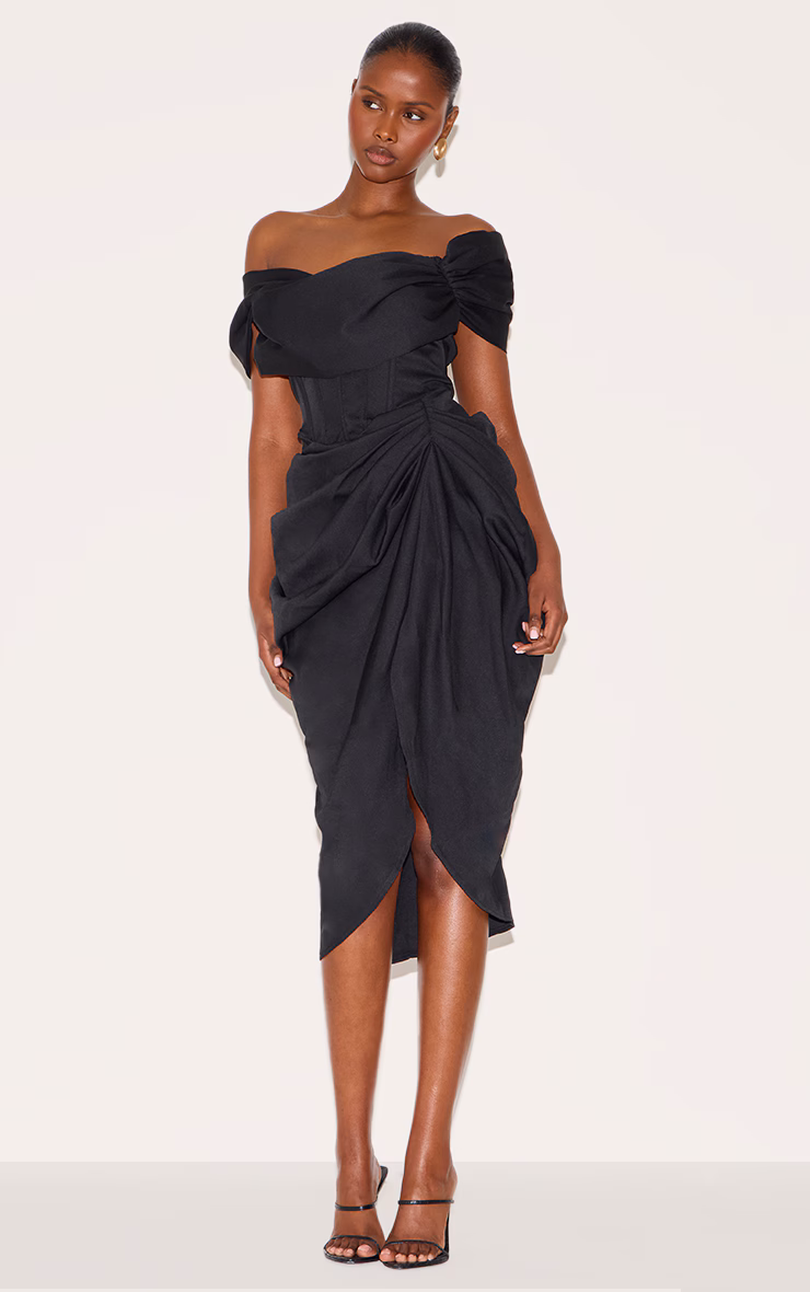 Black Corset Bardot Draped Midi Dress