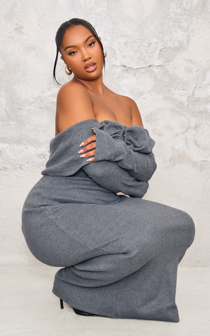 Plus Charcoal Heavy Brushed Rib Bardot Trim Maxi Dress