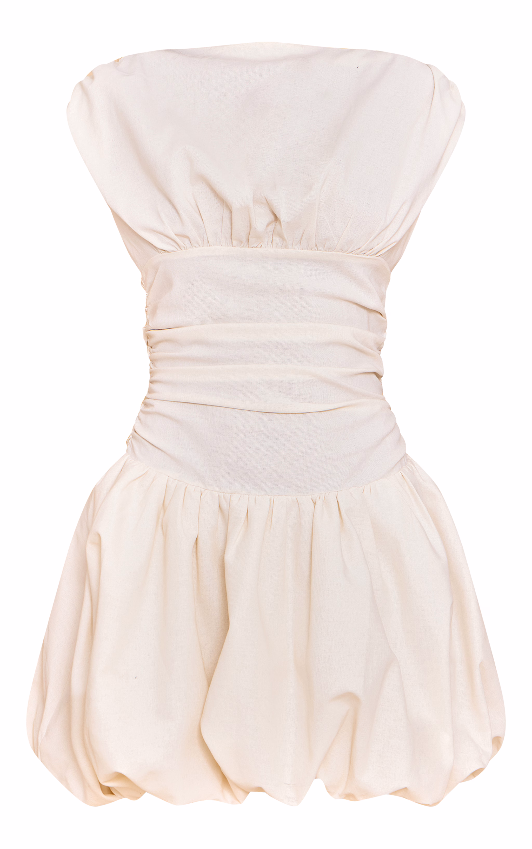 Cream Boat Neck Ruched Detail Puffball Dress