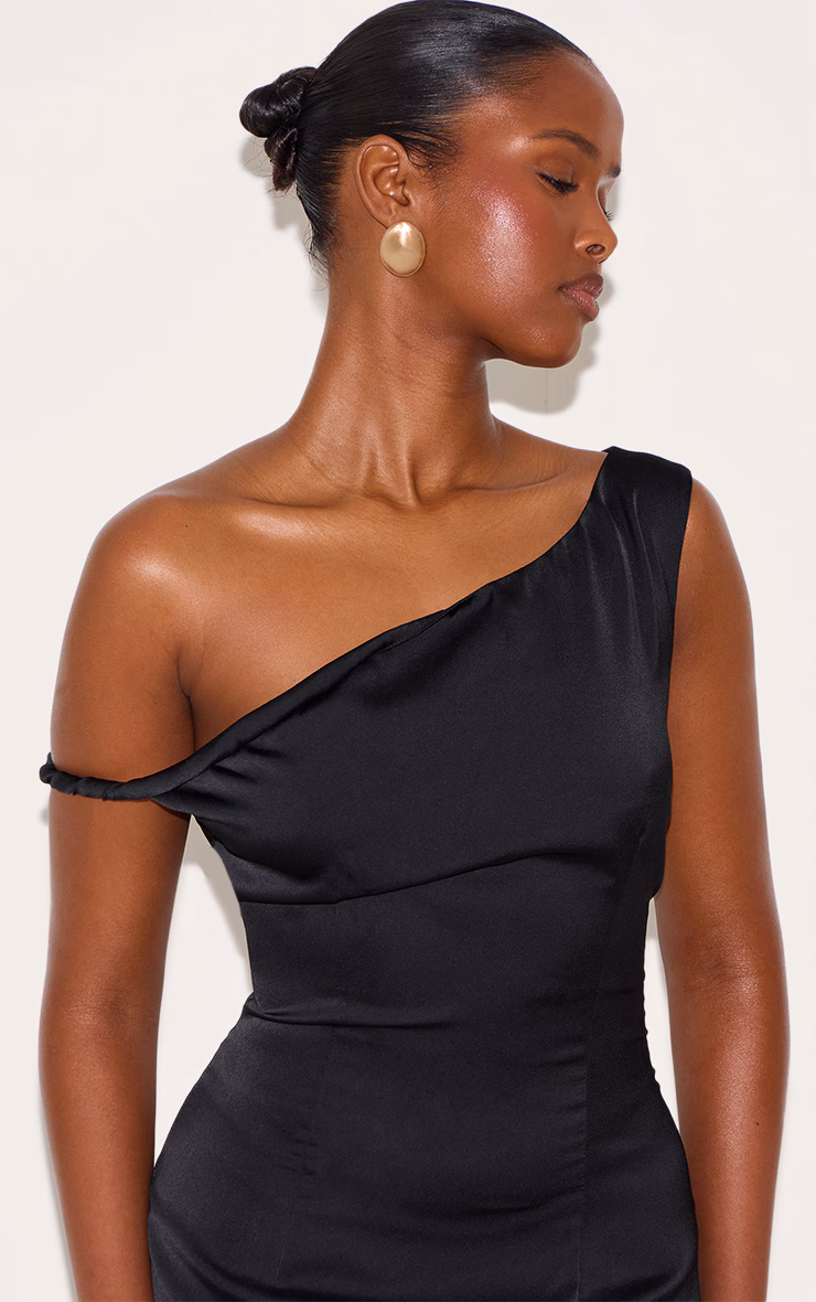 Black Satin Asymmetric Bardot Twist Maxi Dress