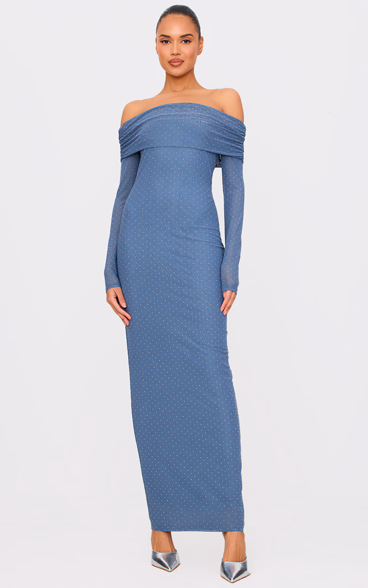 Steel Blue Diamante Bardot Long Sleeve Flare Sleeve Maxi Dress