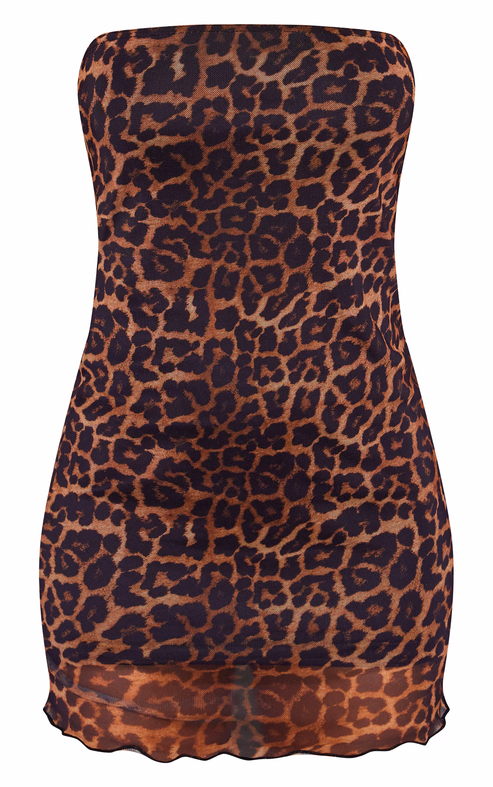 Leopard Print Mesh Lettuce Hem Bandeau Bodycon Dress