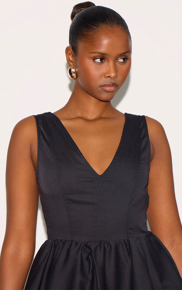 Black Tailored Woven V Neck Puffball Mini Dress