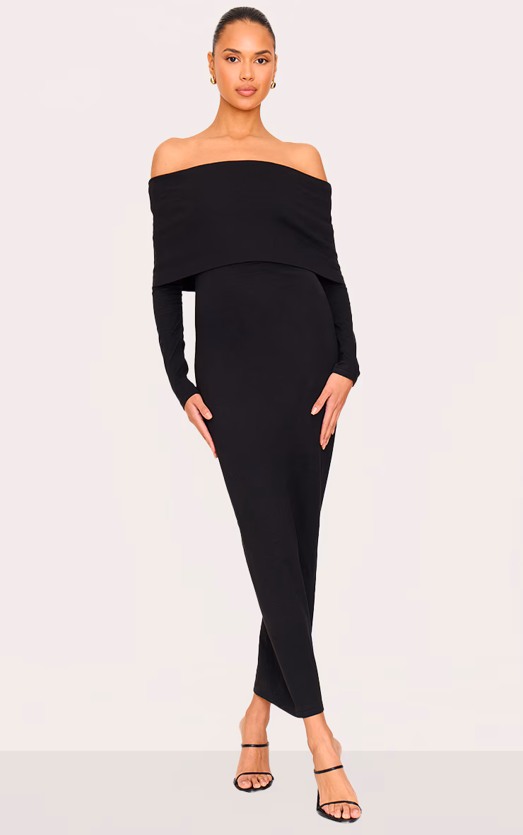 Black Cotton Super Oversized Bardot Maxi Dress