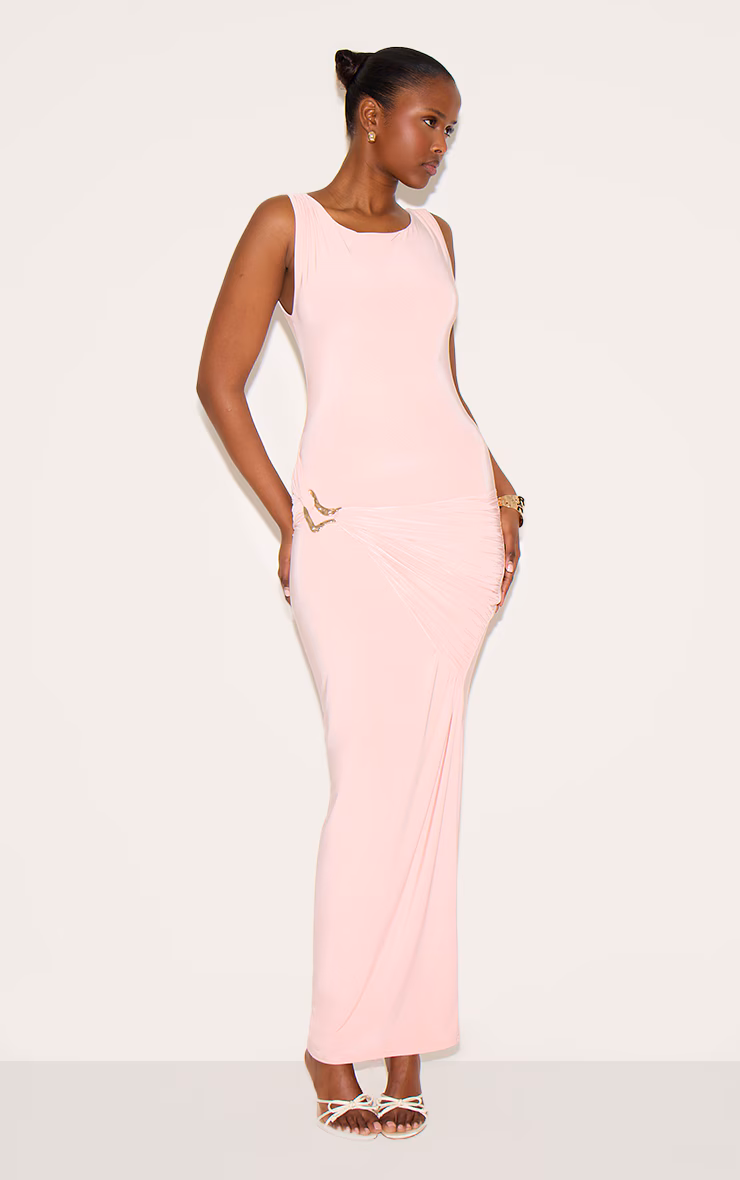 Dusty Pink Double Layer Ruched Trim Detail Midaxi Dress