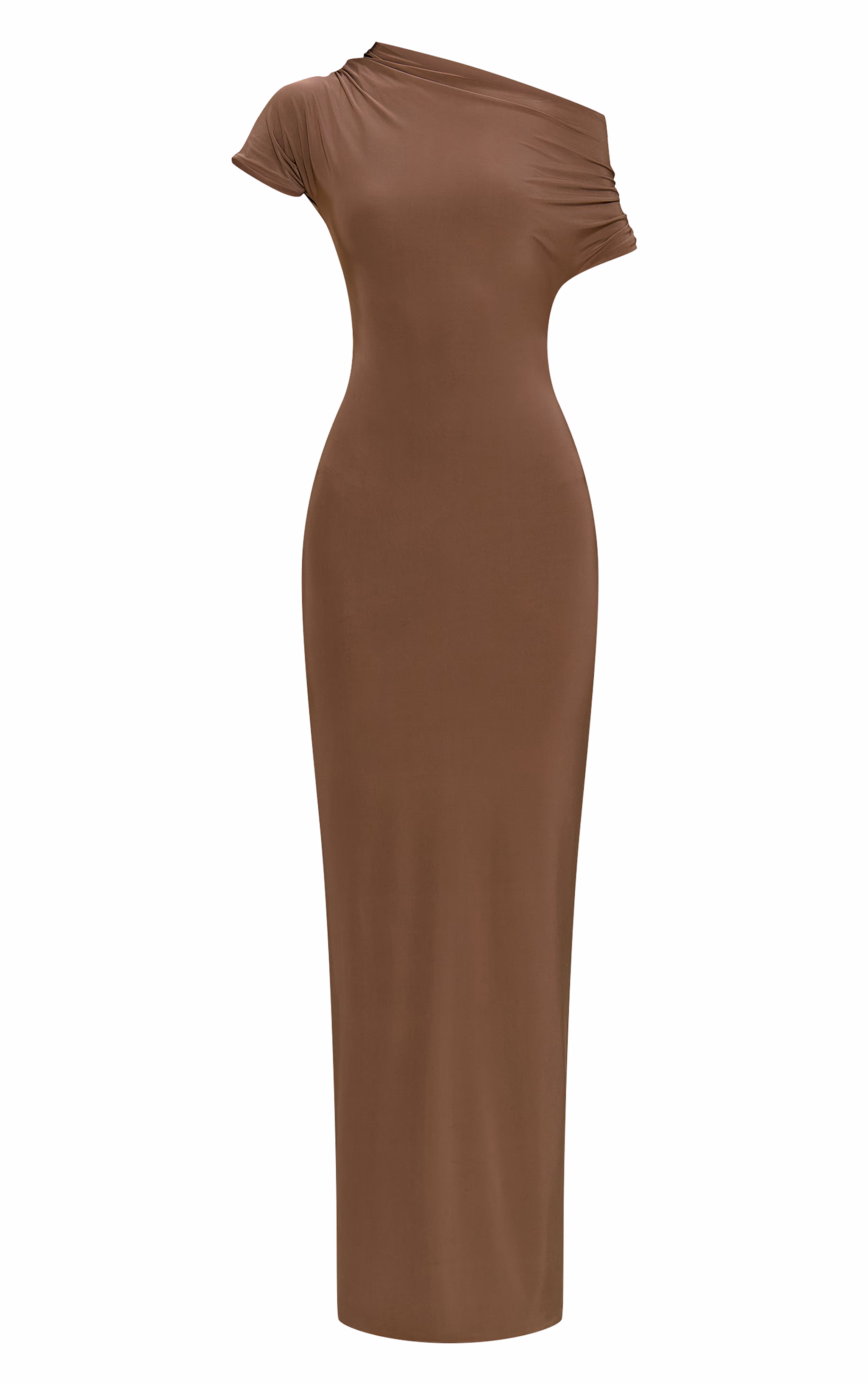 Mushroom Double Layer Slinky Asymmetric Ruched Sleeve Maxi Dress