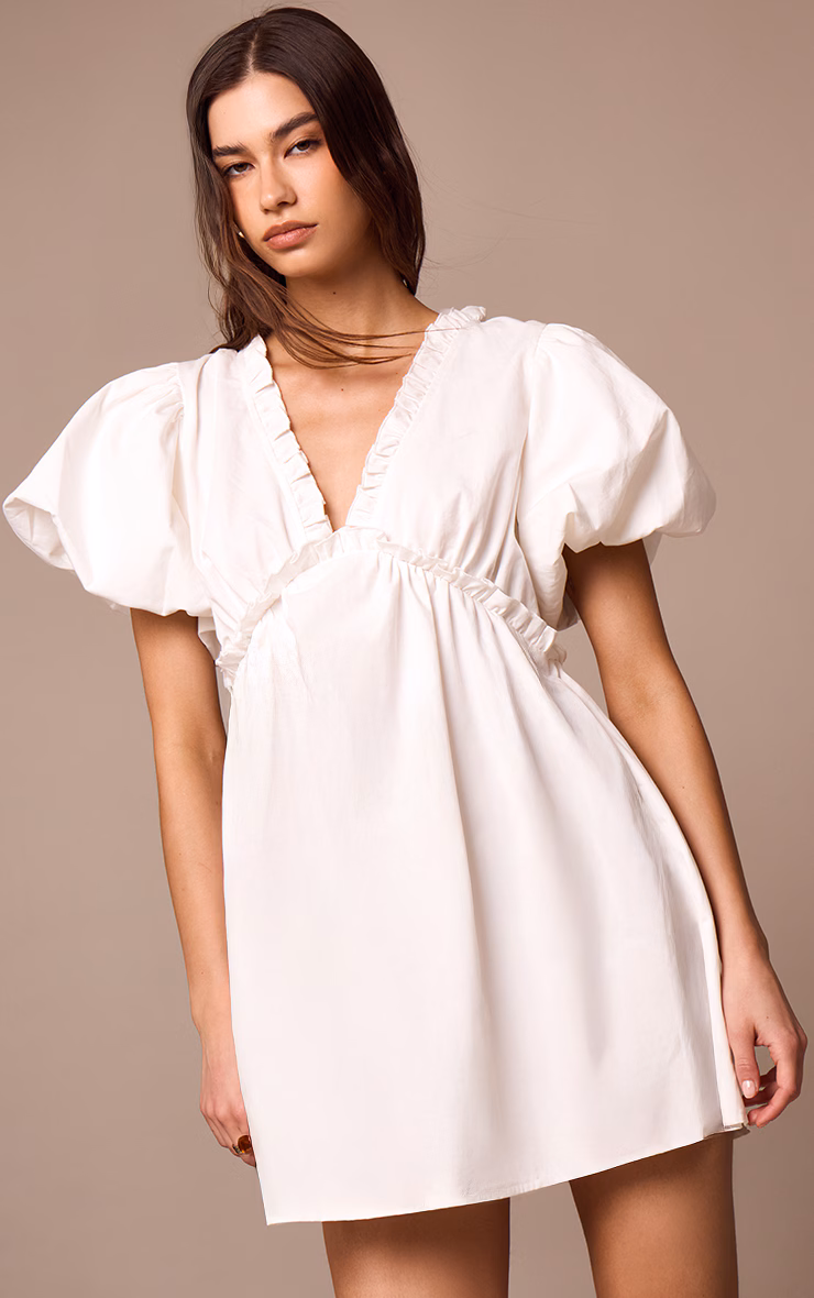 White Cotton Gathered A-line Dress