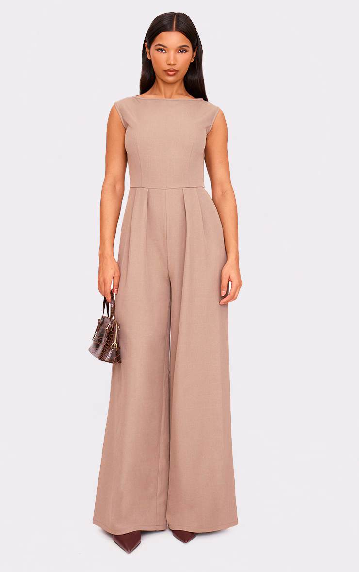 Stone Structured Woven Boat Neck Tailored Straight Leg Jumpsuit