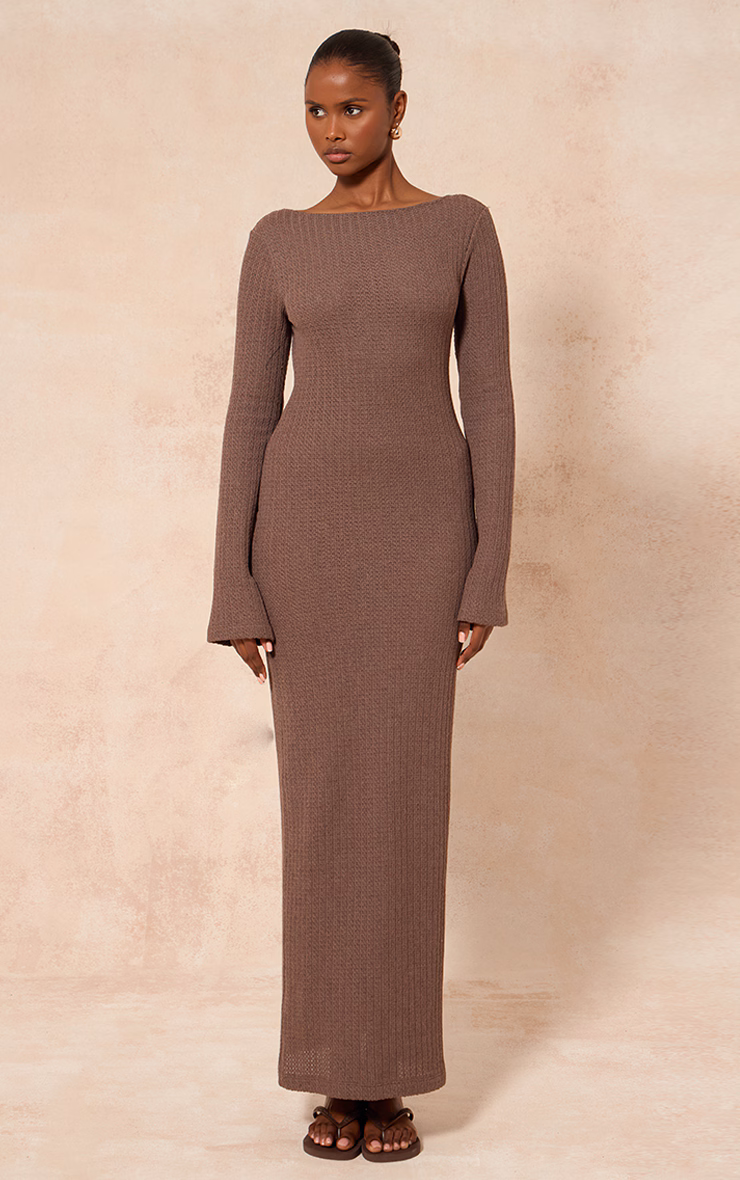 Taupe Textured Boat Neck Backless Long Sleeve Maxi Dress
