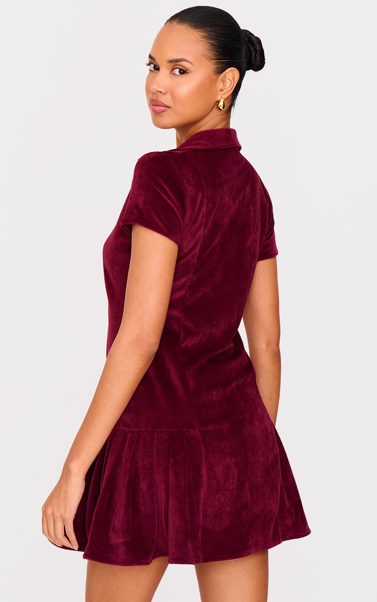 Burgundy Cord Button Down Cap Sleeve Pleated Hem Shift Dress