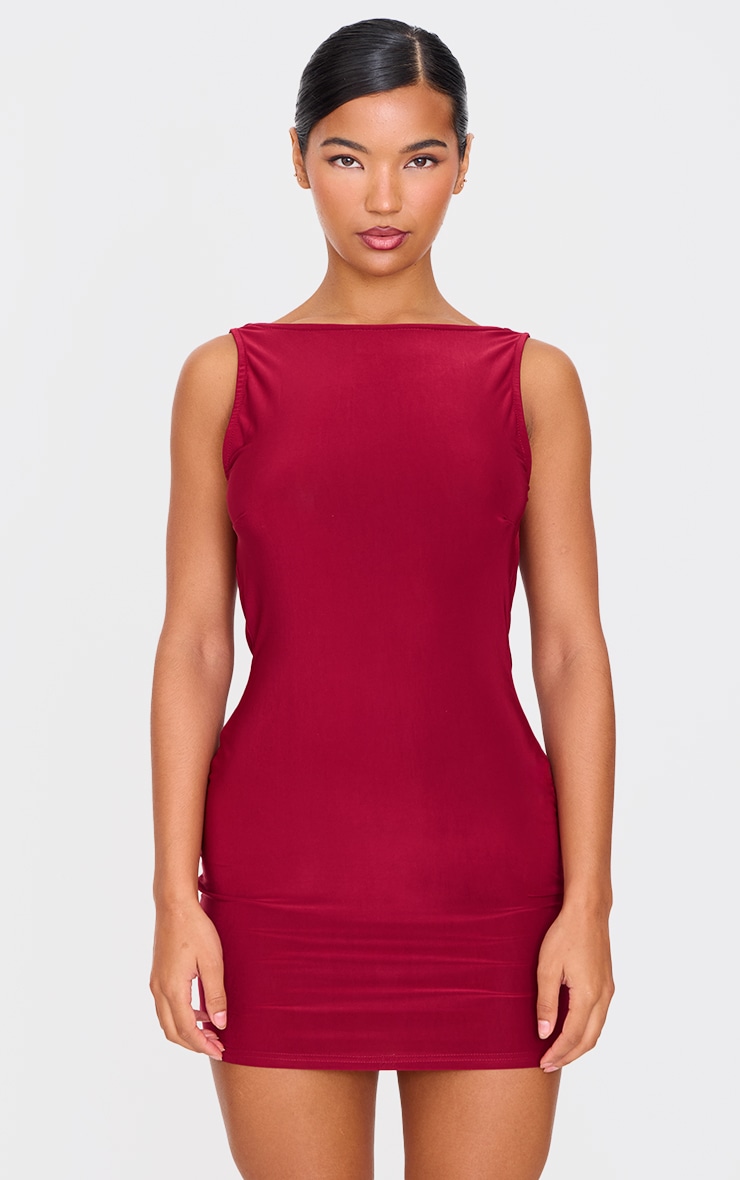 Burgundy Racer Neck Cowl Back Mini Dress