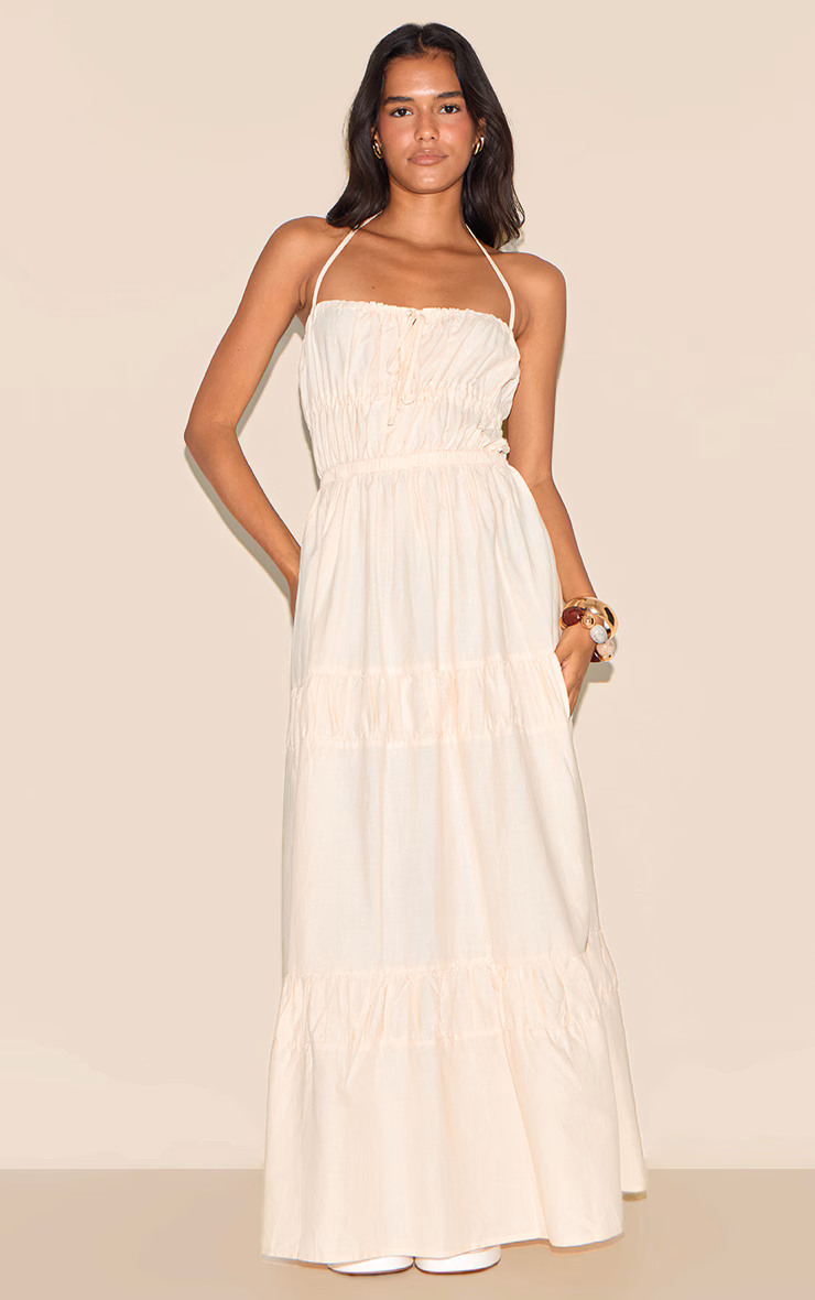 Natural Ruched Backless Strappy Maxi Dress