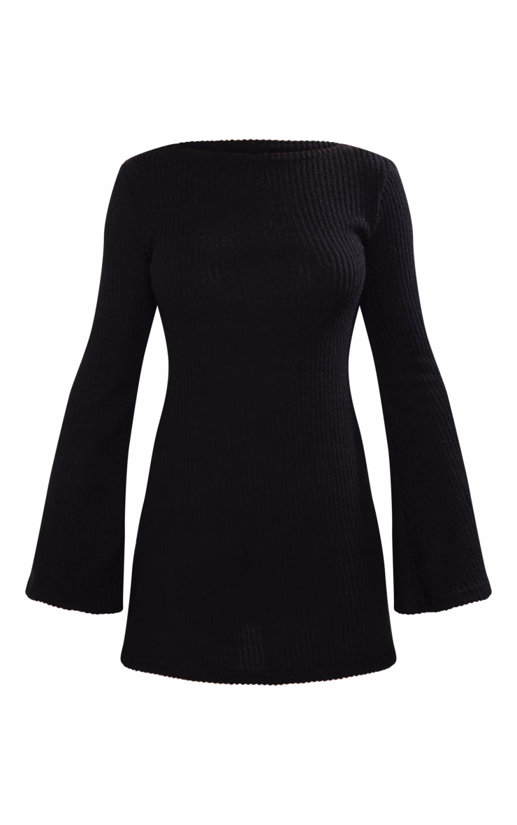 Black Brushed Rib Flared Sleeve Shift Dress