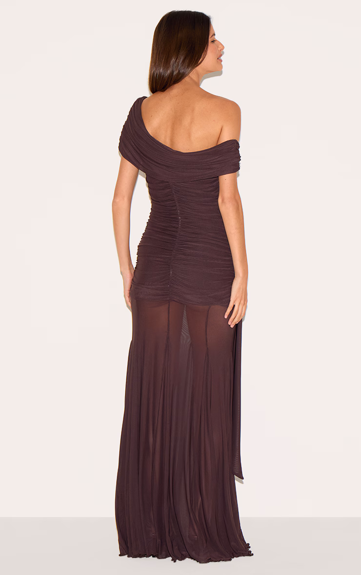 Brown Lined Mesh Bardot Maxi Dress