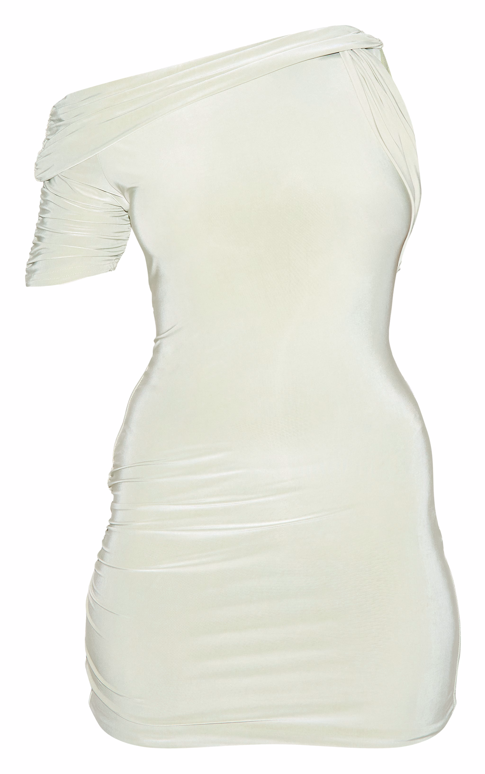 Sage Double Layer Slinky Ruched One Shoulder Mini Dress