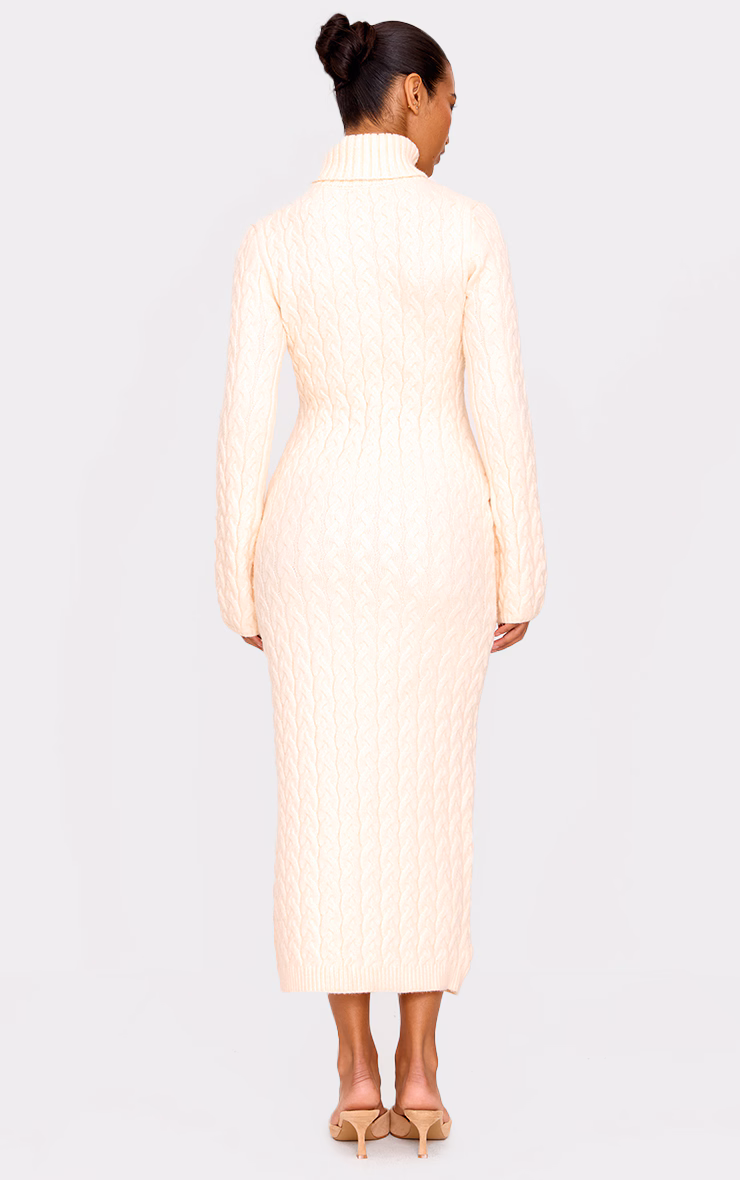 Oatmeal Chunky Cable Knit Roll Neck Maxi Sweater Dress