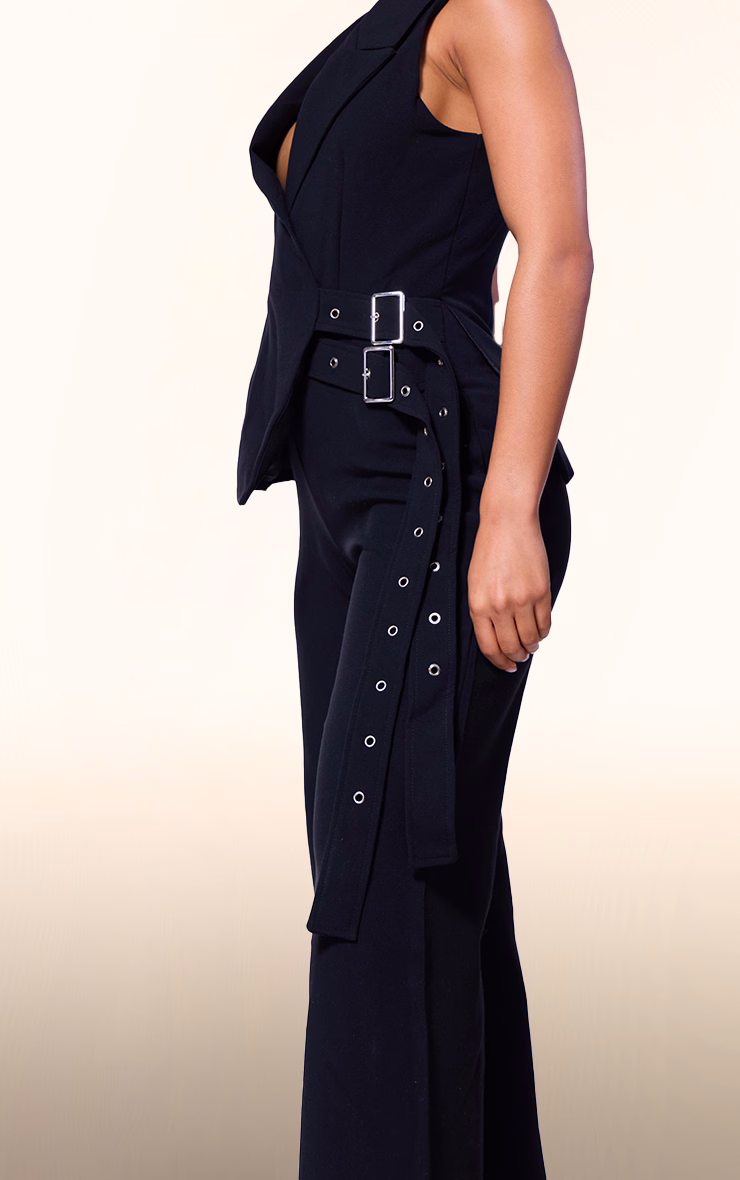 PLT Label Black Tailored Vest Belt Detail Jumpsuit