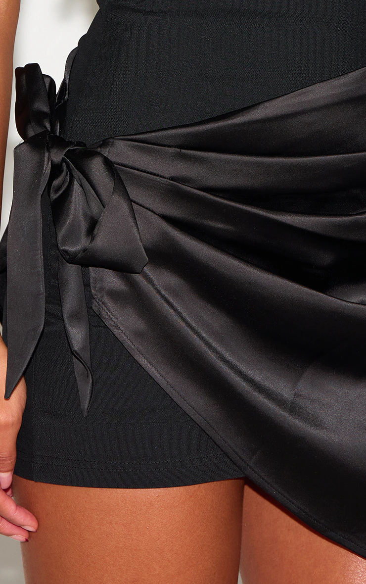 Black Woven High Neck Satin Drape Mini Dress