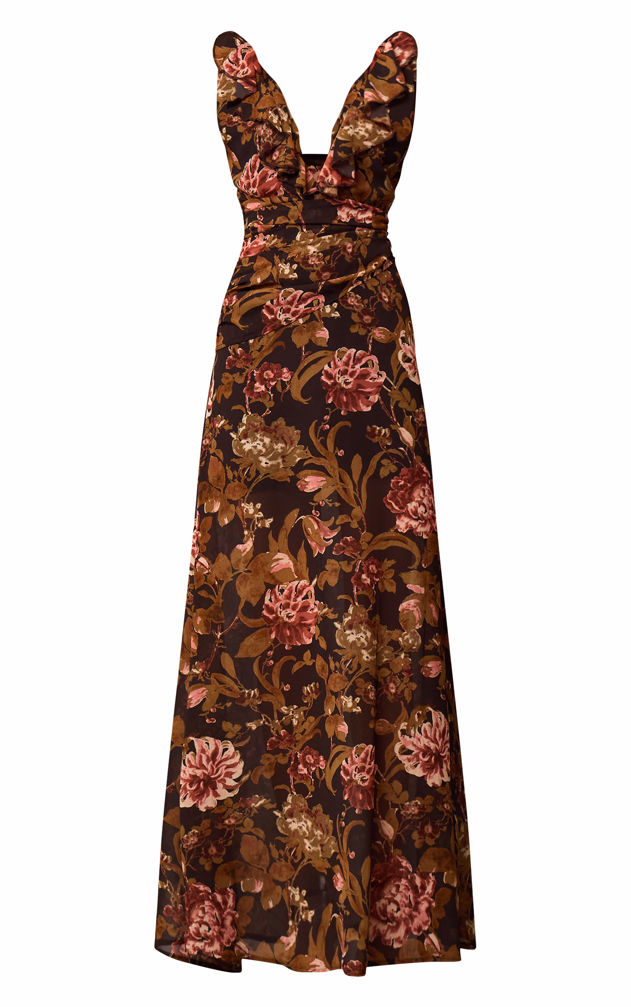 Black Floral Printed Chiffon Ruched Detail Maxi Dress