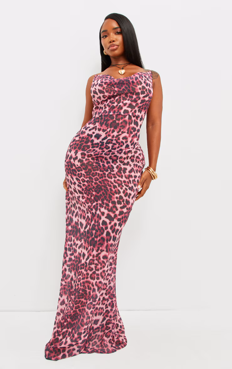 Shape Dark Pink Leopard Print Strappy Cowl Neck Maxi Dress
