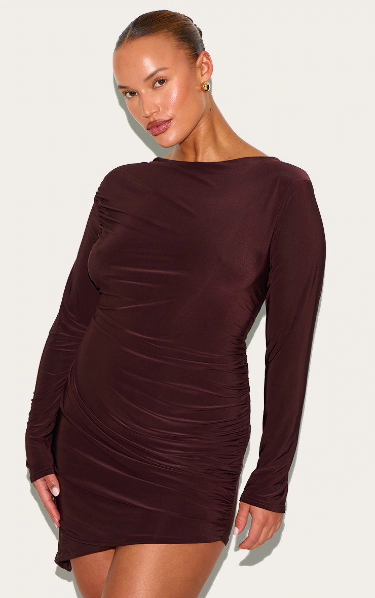 Plus Chocolate Double Layer Slinky Ruched Long Sleeve Mini Dress