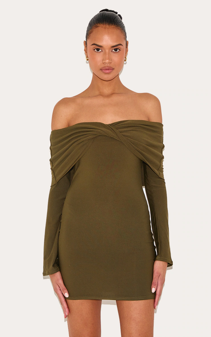 Khaki Soft Touch Twist Detail Bardot Bodycon Dress