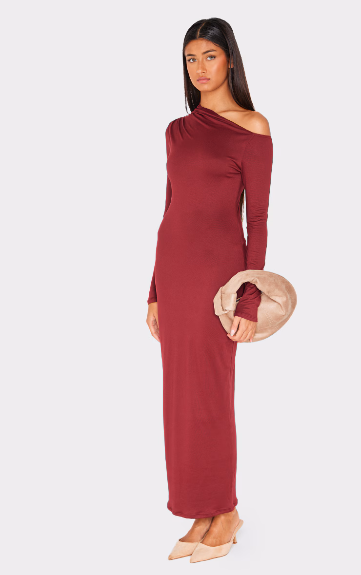 Burgundy Double Contour Asymmetric Long Sleeve Maxi Dress