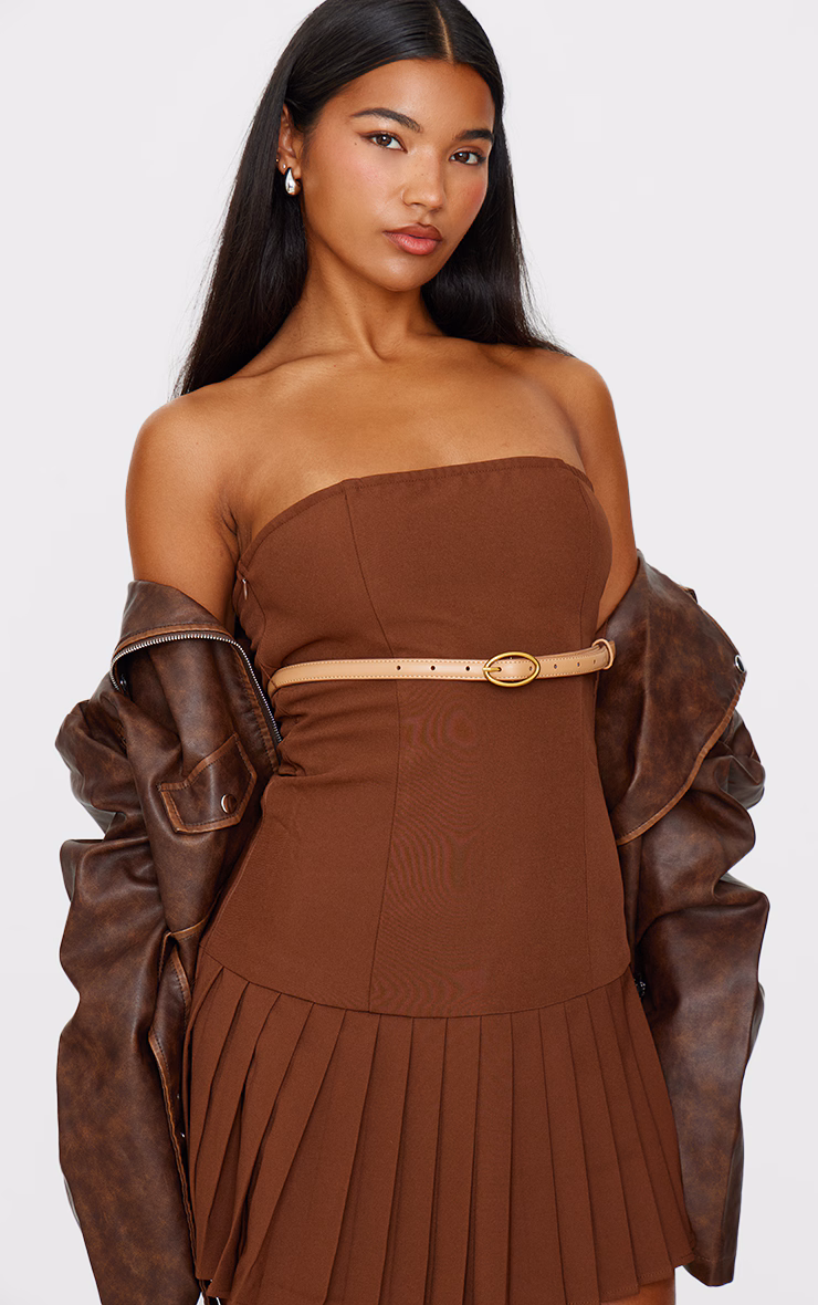 Chocolate Brown Belted Pleated Skirt Bodycon Dress