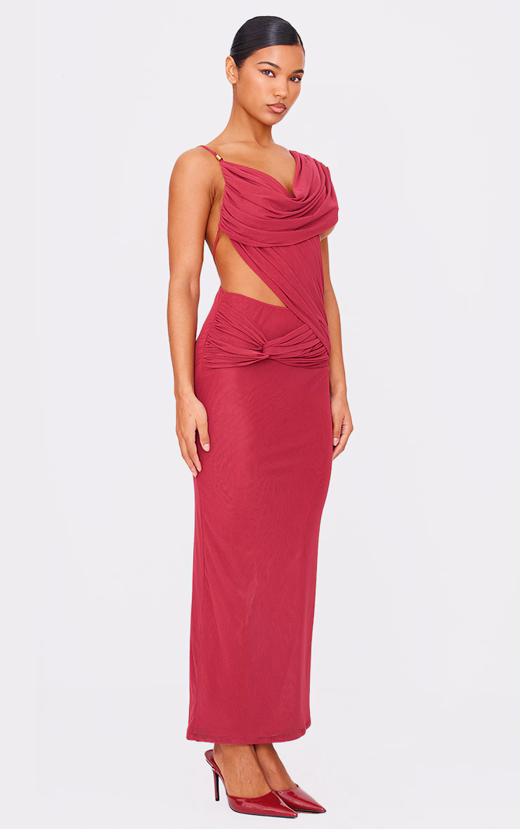 Burgundy Mesh Draped Cut Out Maxi Dress