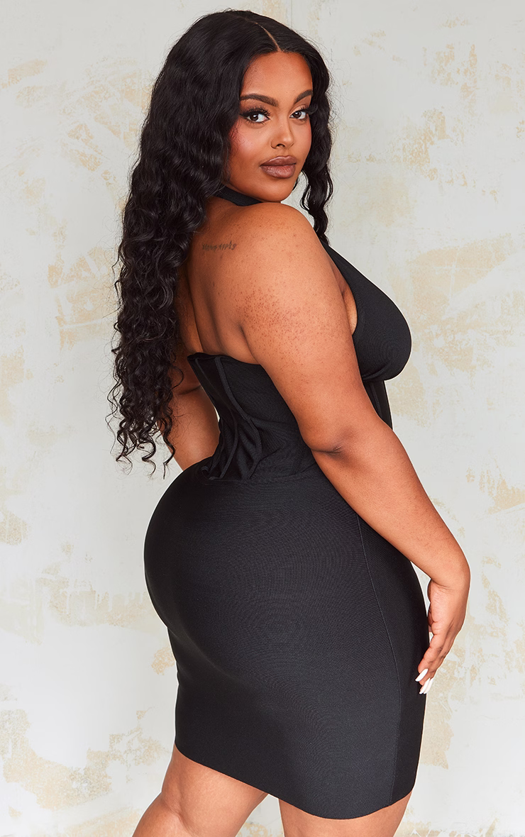 Plus Black Bandage Plunge Corset Bodycon Dress