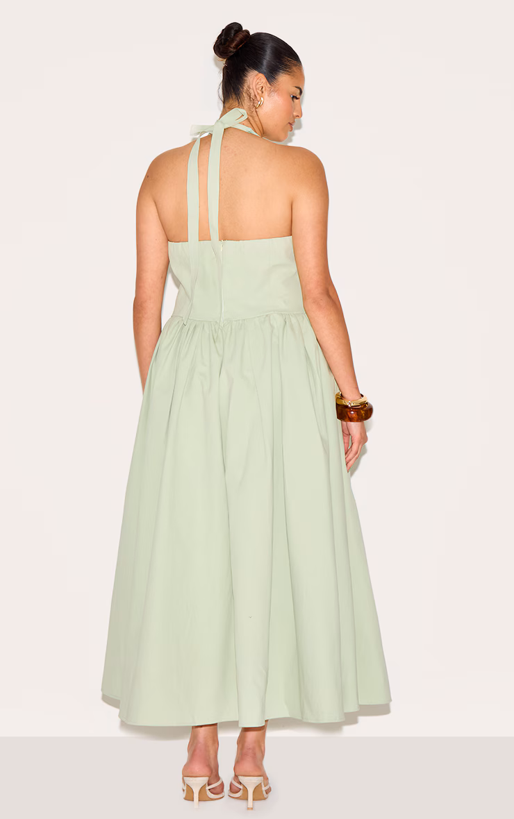 Plus Sage Green Halterneck Tie Detail Midaxi Dress