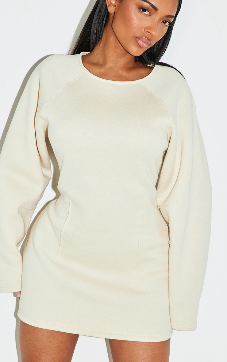 Shape Cream Cinched Waist Cocoon Sleeve Sweatshirt Dress