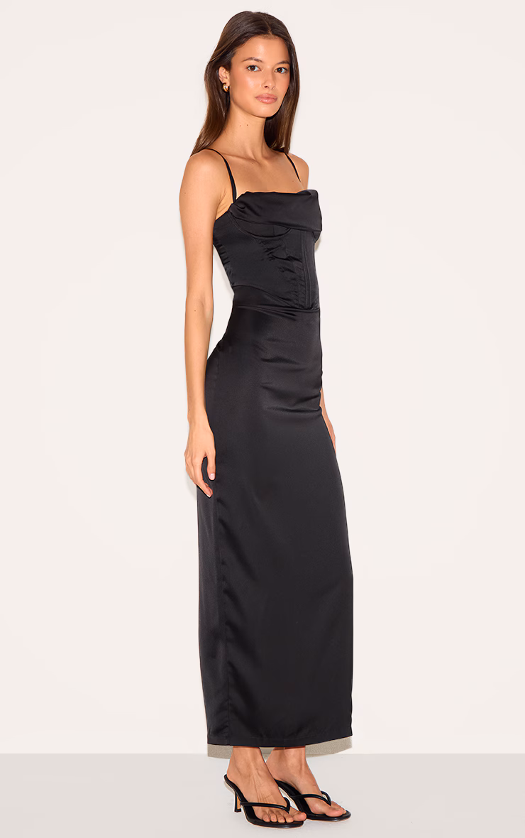 Black Strappy Satin Corset Drape Detail Midaxi Dress