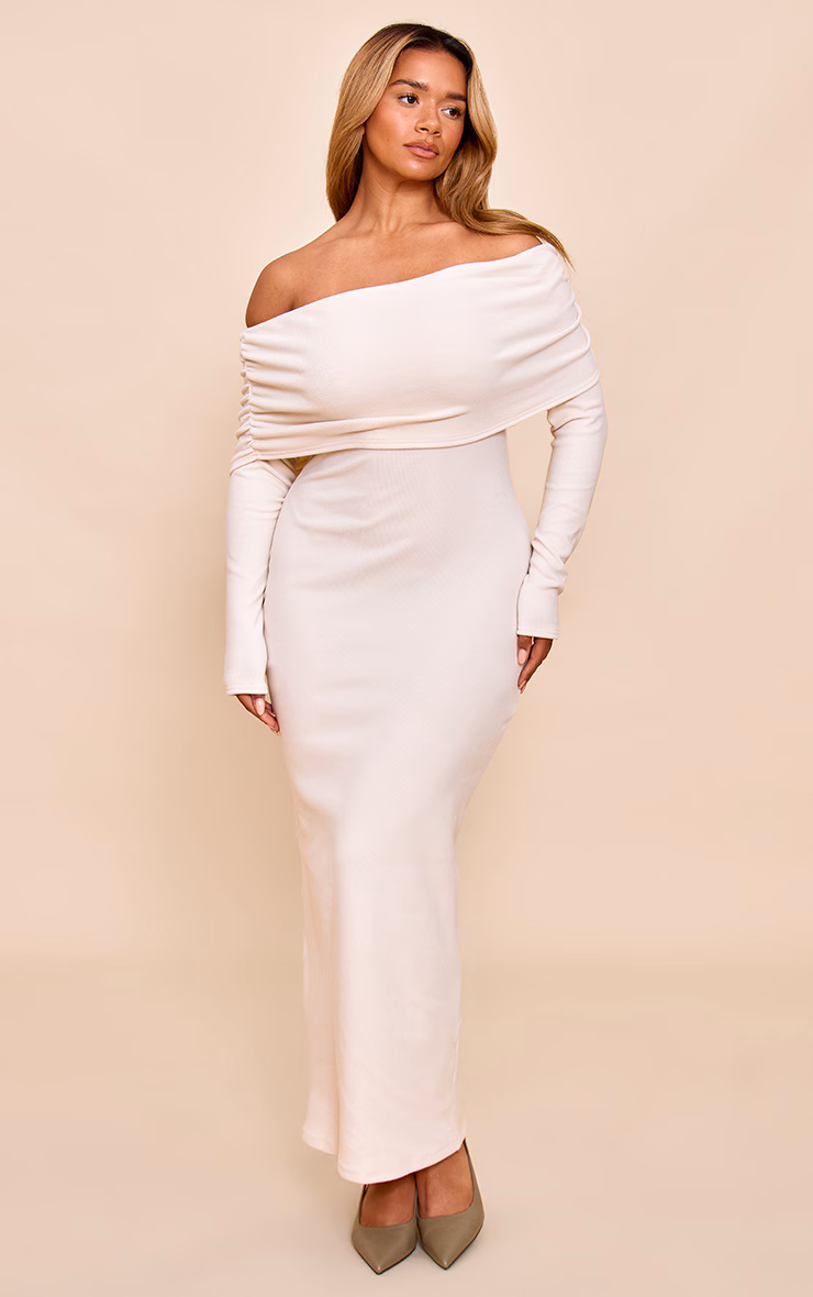 Shape Oatmeal Ribbed Bardot Long Sleeve Maxi Dress