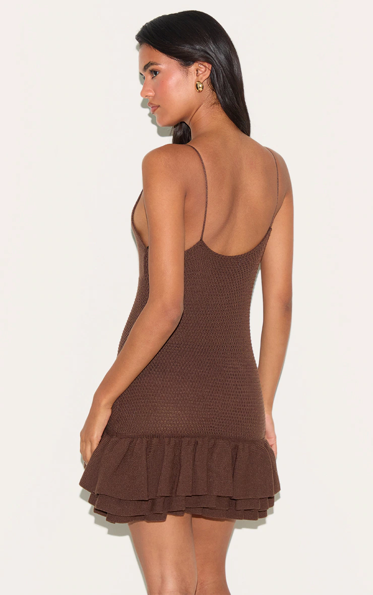 Chocolate Knitted Frill Hem Strappy Mini Dress