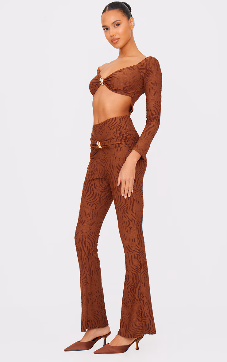 Chocolate Devore Long Sleeve Trim Cut Out Detail Jumpsuit